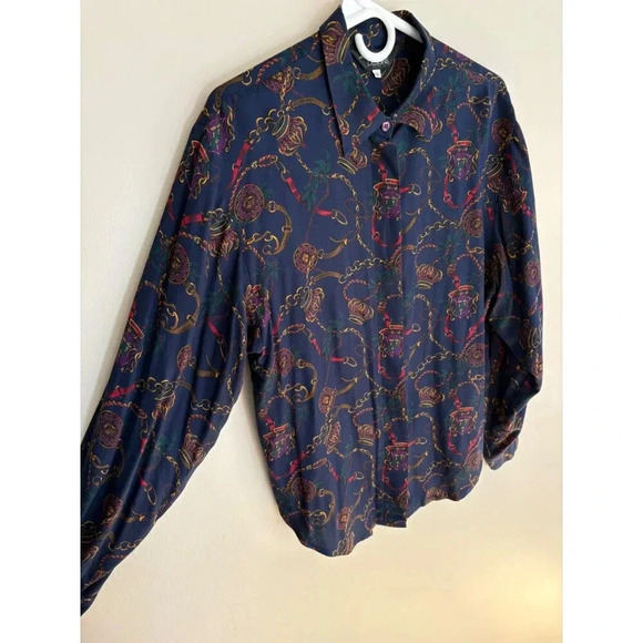 Vintage Tapestry Designs Women's Royal Equestrian Print Button Down Shirt Size 8 - Picture 4 of 12